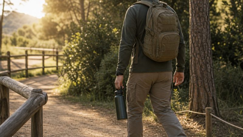 Persona caminando con mochila ligera como preparación física para airsoft
