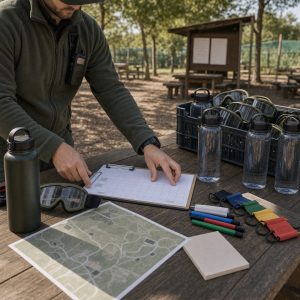 Organizador de airsoft preparando horarios y normas antes de un evento