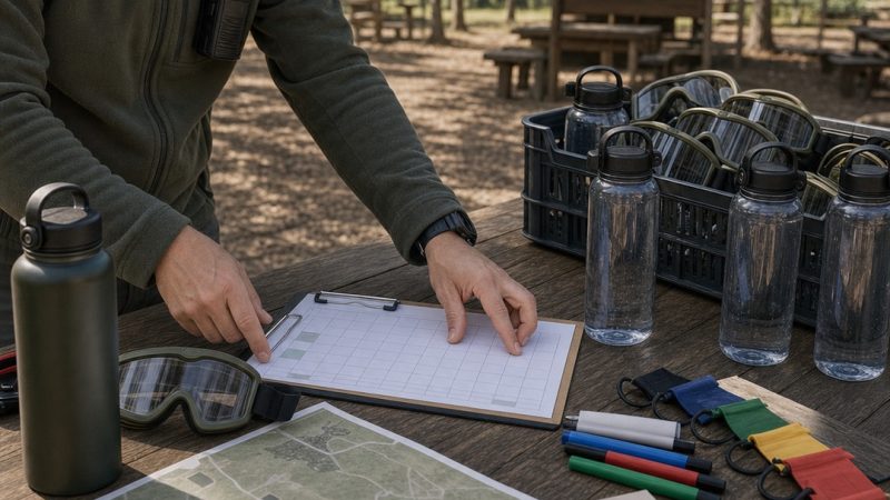 Organizador de airsoft preparando horarios y normas antes de un evento