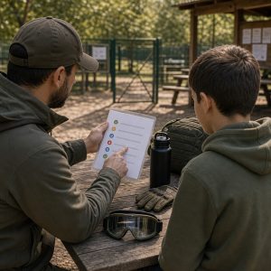 Adulto explicando normas de airsoft a un menor en una zona de briefing tranquila