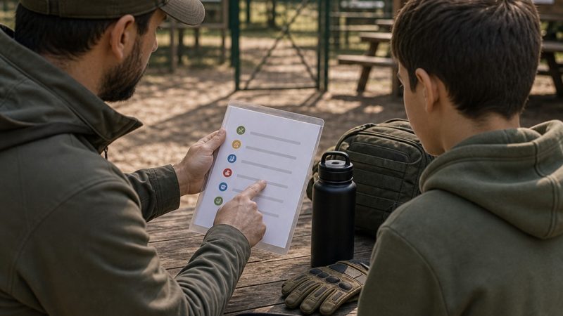 Adulto explicando normas de airsoft a un menor en una zona de briefing tranquila