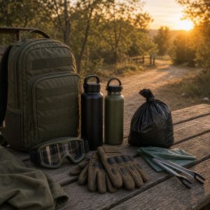 Bolsa reutilizable y botellas recogidas tras una jornada de airsoft