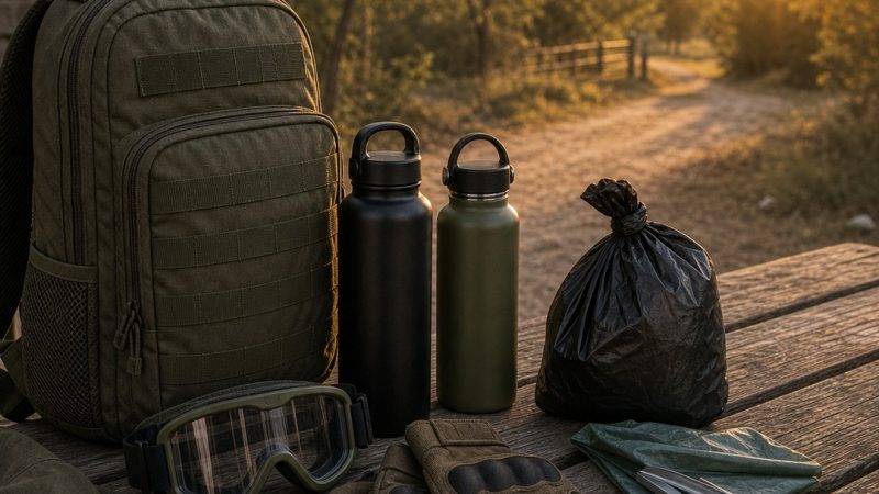Bolsa reutilizable y botellas recogidas tras una jornada de airsoft
