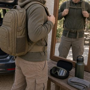 Mochila y cinturón de airsoft ajustados sobre una mesa de preparación
