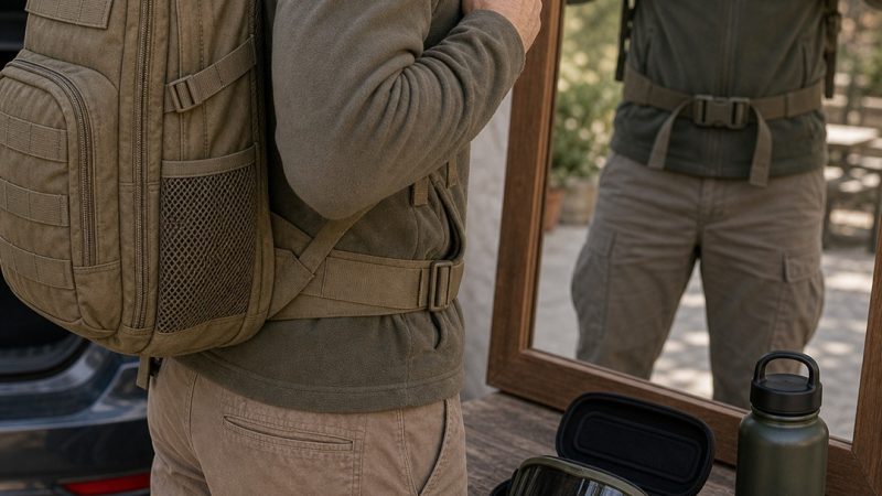 Mochila y cinturón de airsoft ajustados sobre una mesa de preparación