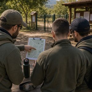 Mapa sencillo de campo de airsoft con puntos de encuentro marcados