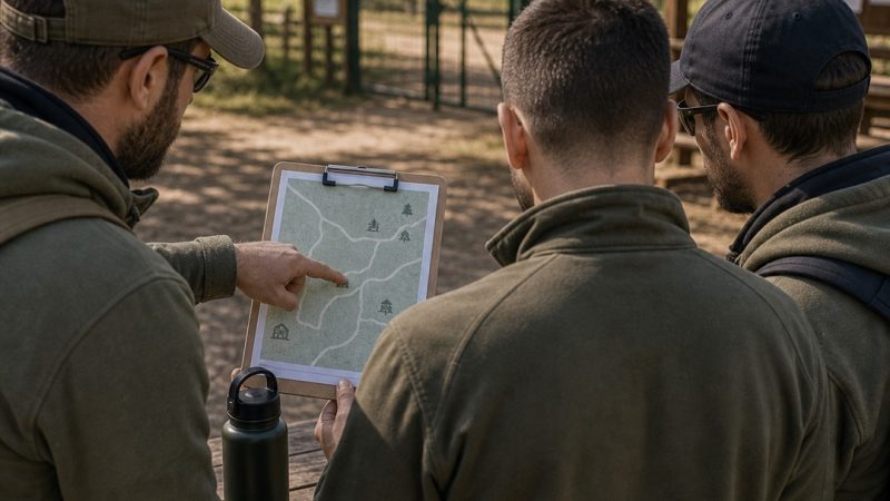 Mapa sencillo de campo de airsoft con puntos de encuentro marcados