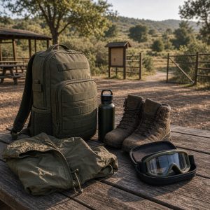 Campo abierto de airsoft con camino y zona de descanso al fondo