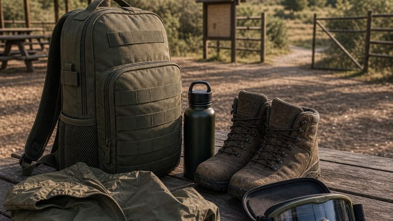 Campo abierto de airsoft con camino y zona de descanso al fondo