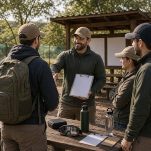 Grupo dando la bienvenida a una persona nueva antes de una partida de airsoft